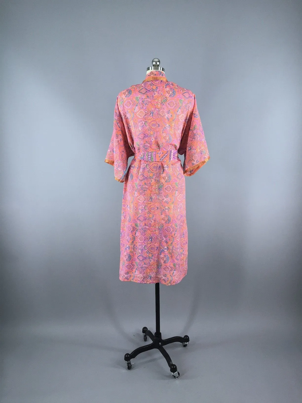 Chiffon Sari Robe / Coral Pink Green Floral
