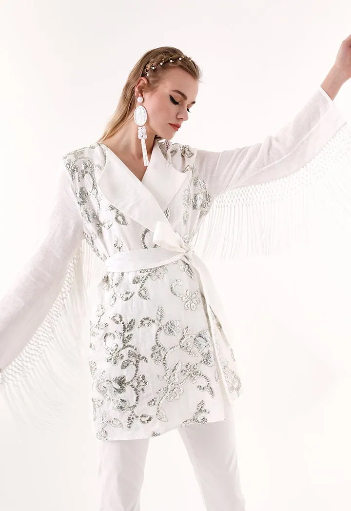 Choice Sequins Embroidery Kimono Jacket White