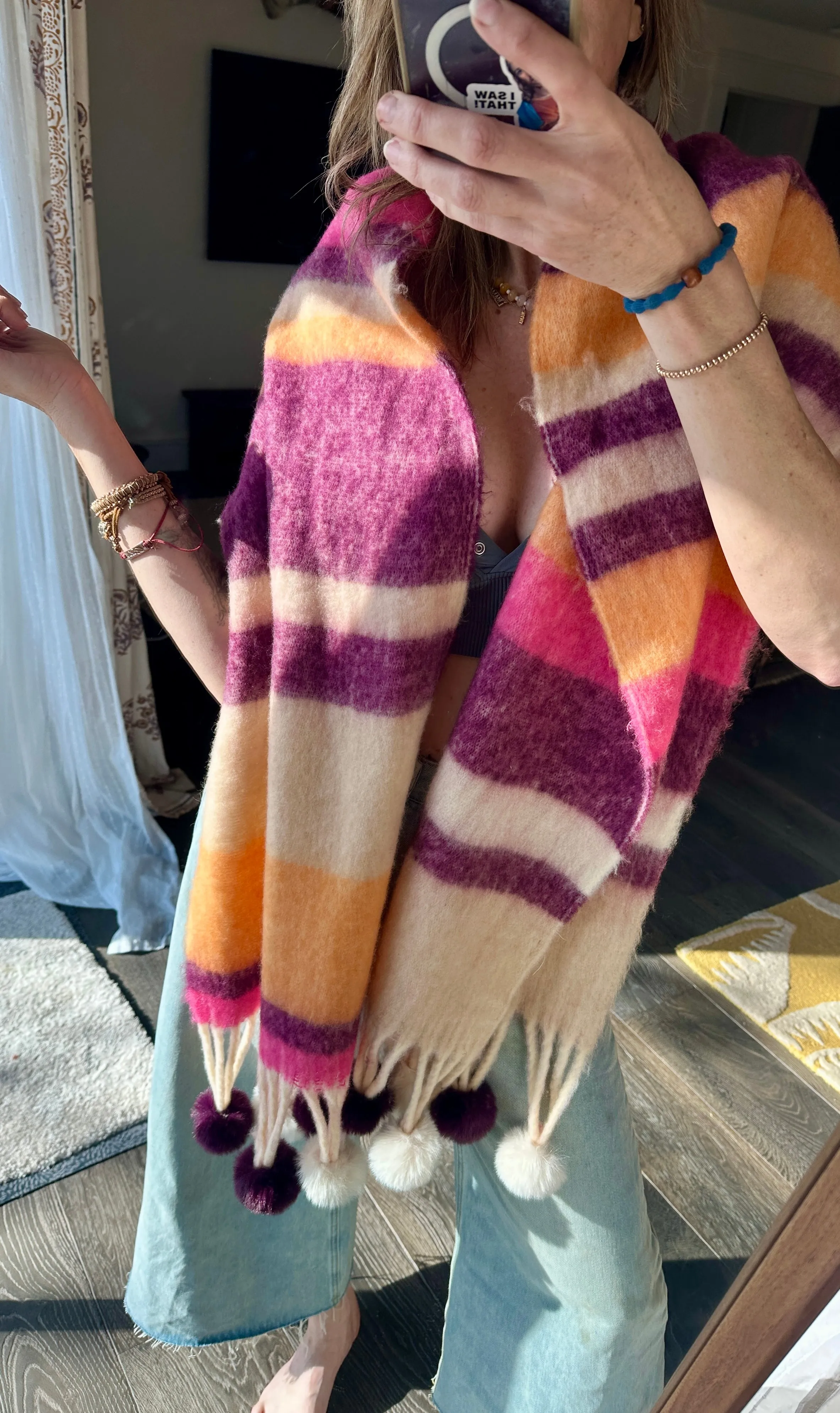 Chunky Pom Pom Striped Blanket Cozy Scarf