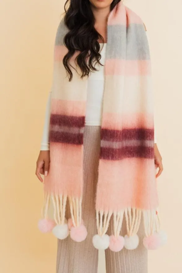 Chunky Pom Pom Striped Blanket Cozy Scarf