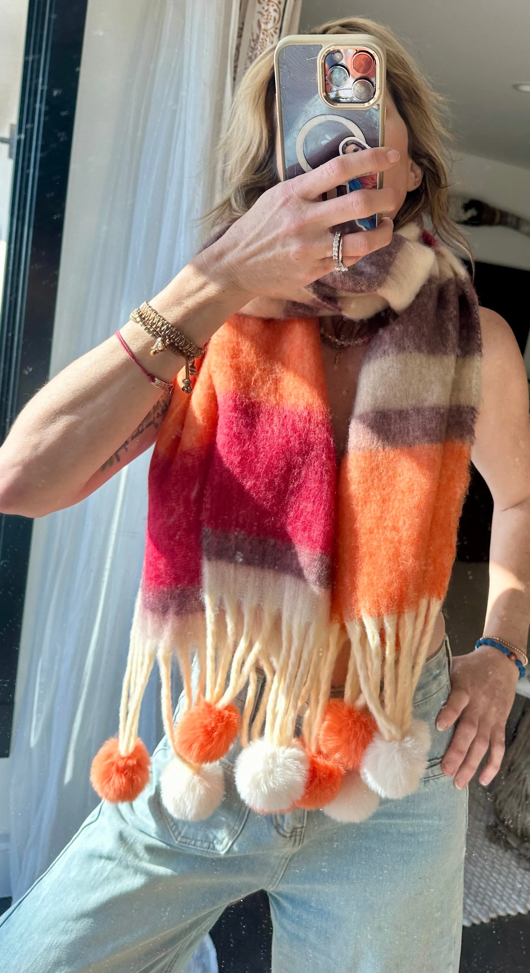 Chunky Pom Pom Striped Blanket Cozy Scarf