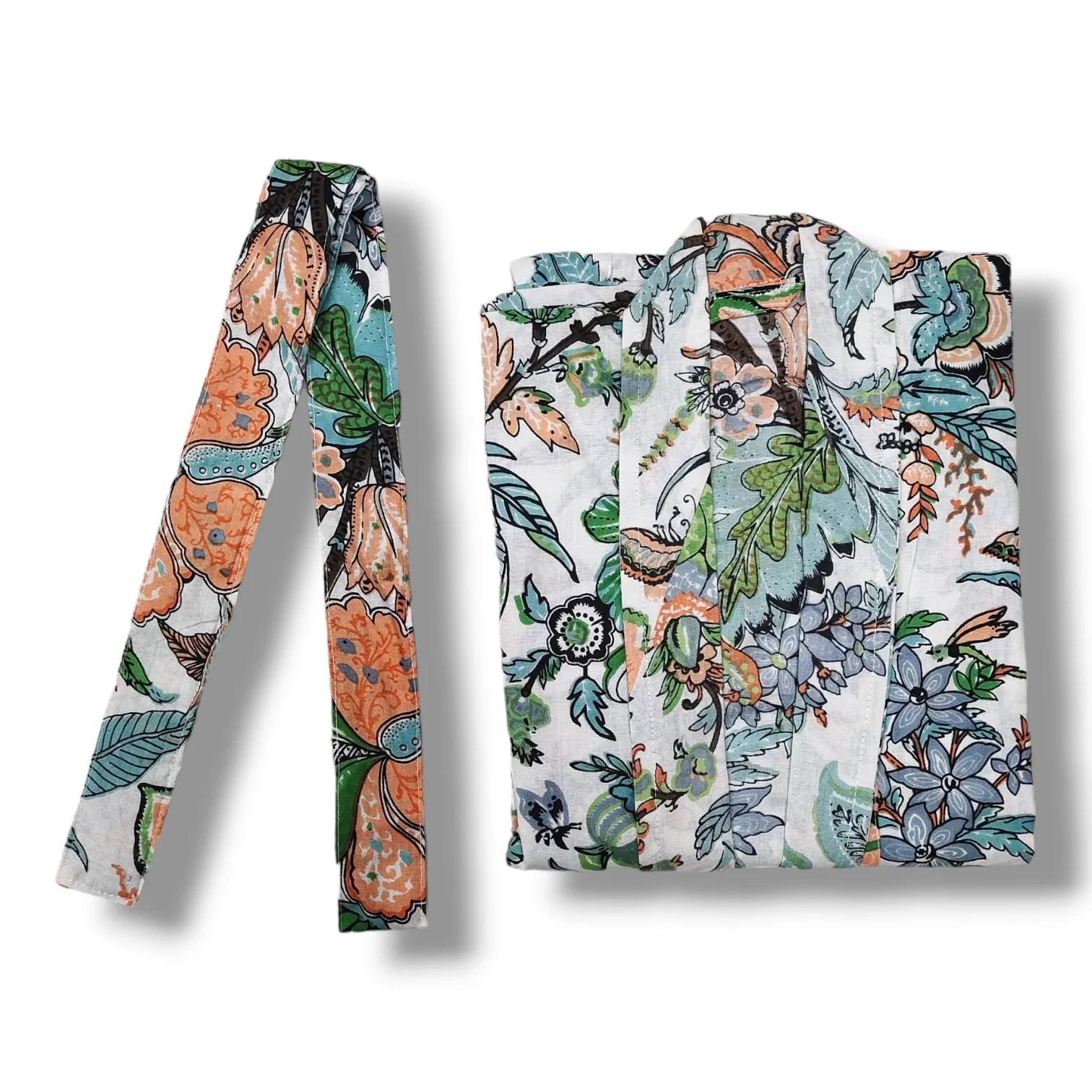 Cotton Hand Printed Kimono Robe Tropical white