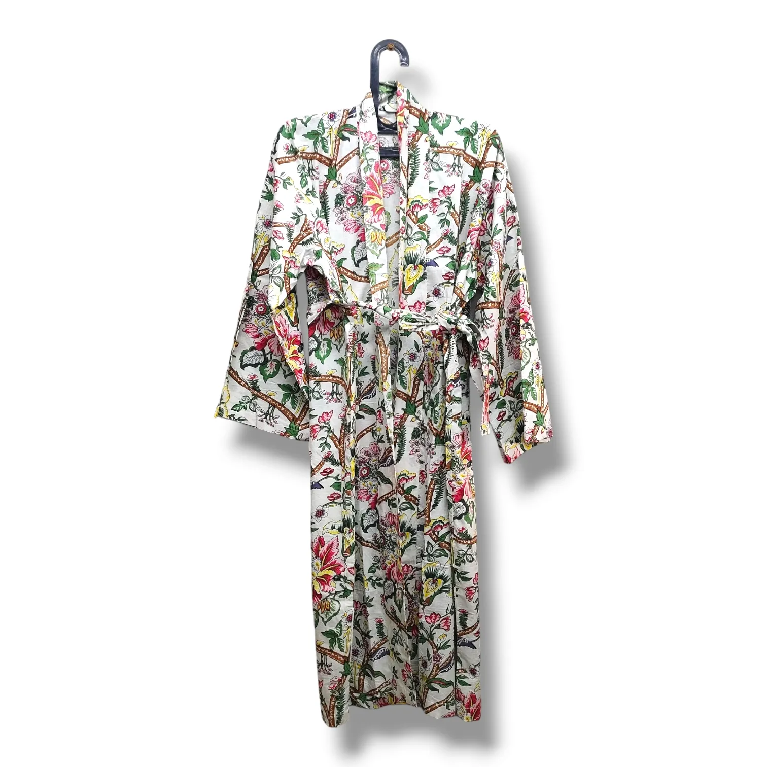 Cotton Hand Printed Kimono Robe White Floral