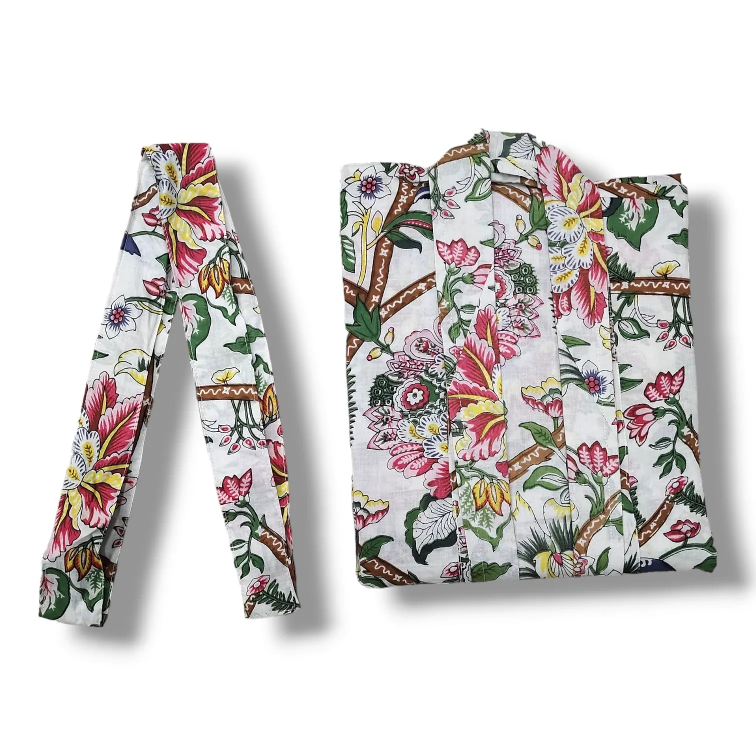 Cotton Hand Printed Kimono Robe White Floral