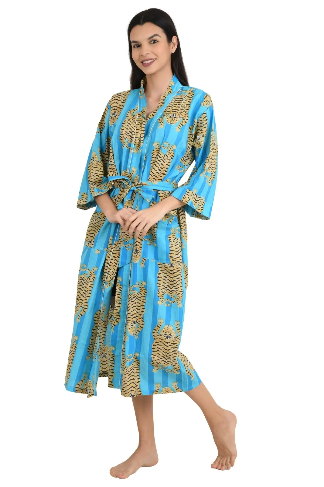 Cotton Kimono House Robe Indian Handprinted Strips Cheetah Print Pattern | Lightweight Summer Luxury Beach Holidays Yacht Cover Up Stunning Dress