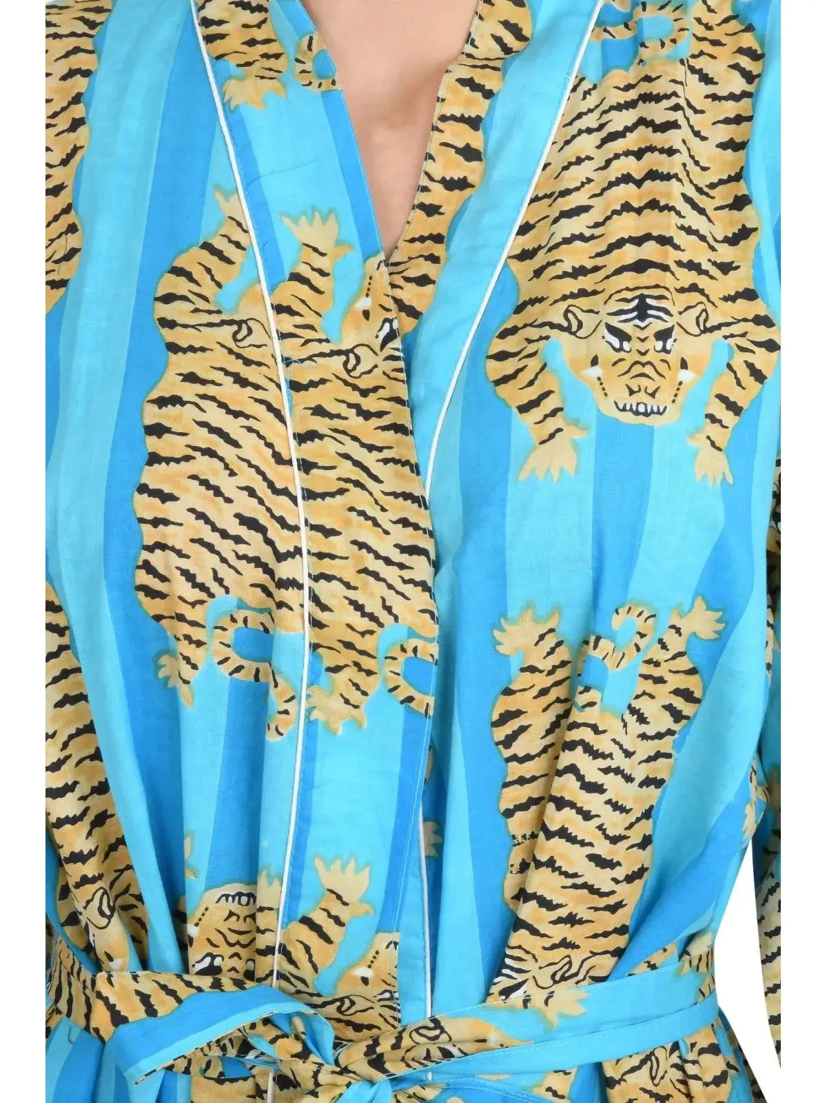 Cotton Kimono House Robe Indian Handprinted Strips Cheetah Print Pattern | Lightweight Summer Luxury Beach Holidays Yacht Cover Up Stunning Dress