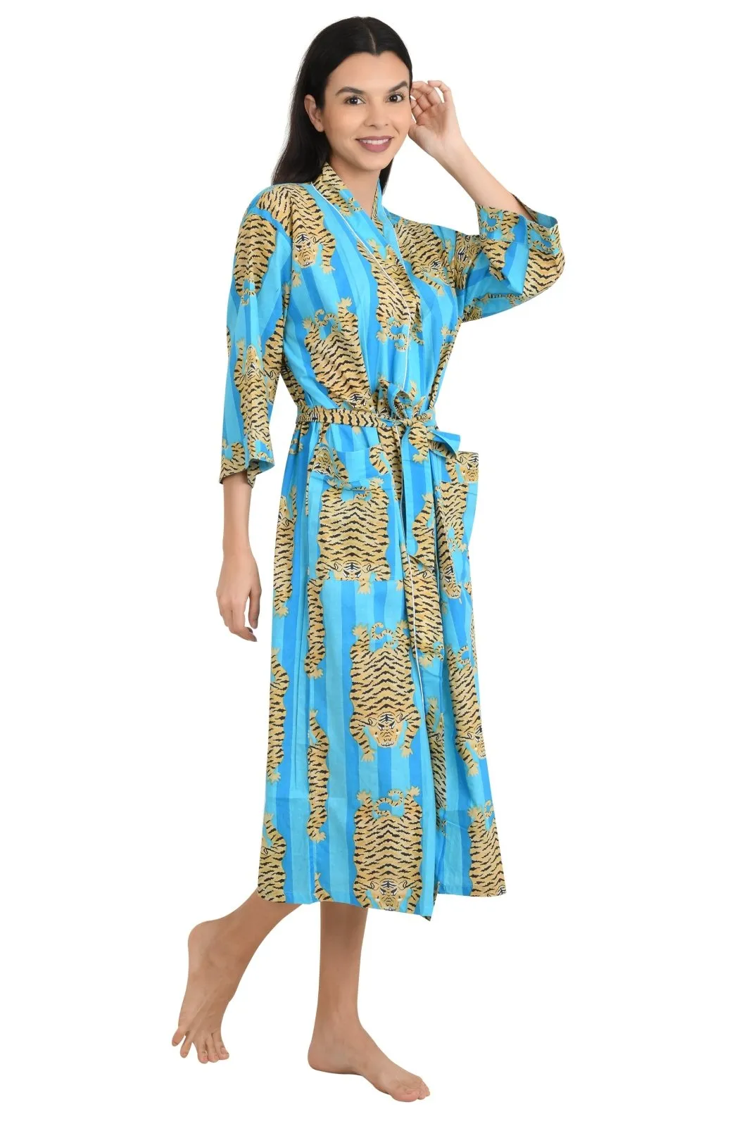 Cotton Kimono House Robe Indian Handprinted Strips Cheetah Print Pattern | Lightweight Summer Luxury Beach Holidays Yacht Cover Up Stunning Dress