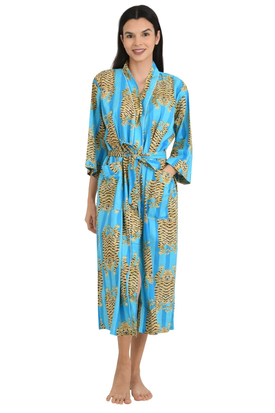 Cotton Kimono House Robe Indian Handprinted Strips Cheetah Print Pattern | Lightweight Summer Luxury Beach Holidays Yacht Cover Up Stunning Dress
