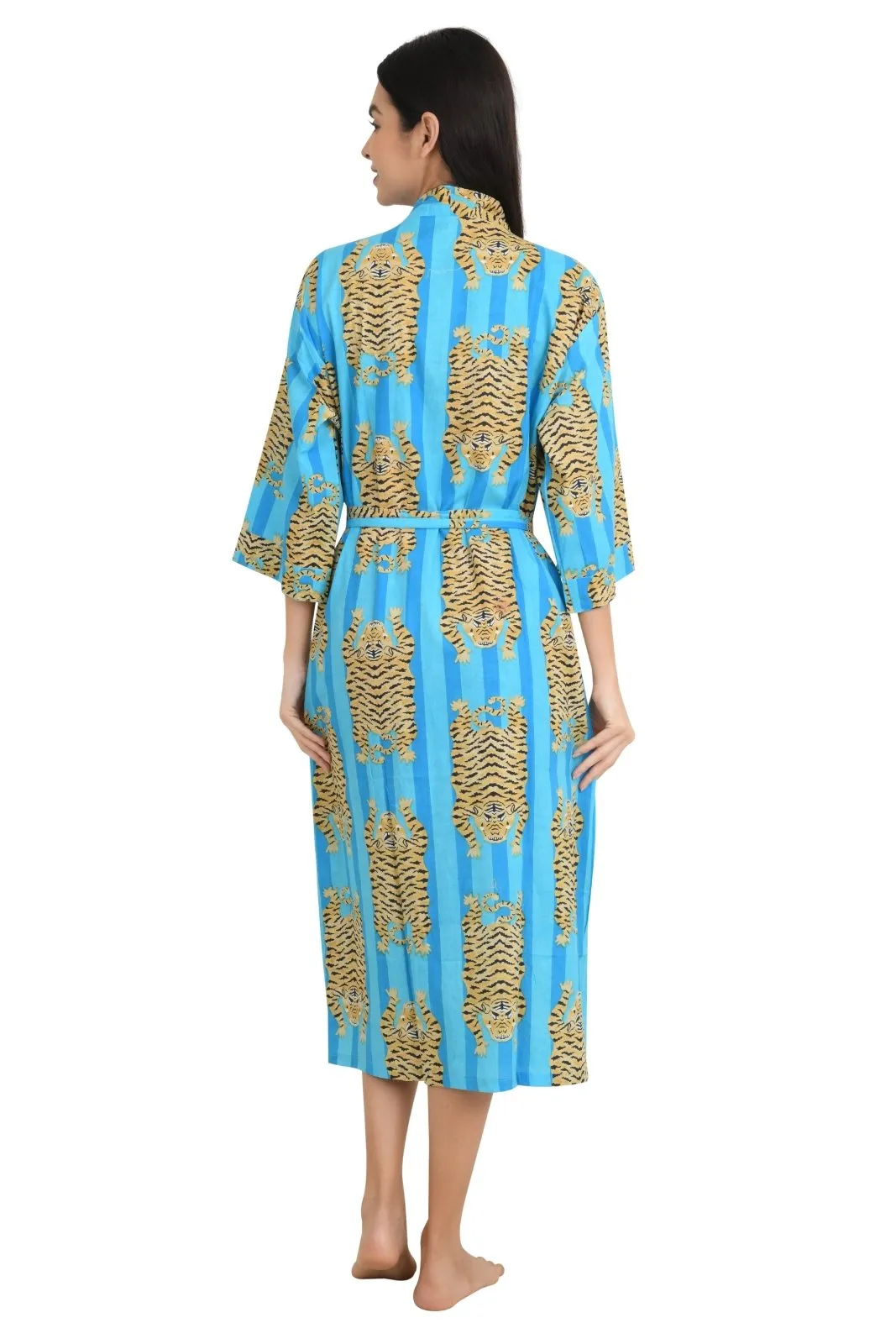 Cotton Kimono House Robe Indian Handprinted Strips Cheetah Print Pattern | Lightweight Summer Luxury Beach Holidays Yacht Cover Up Stunning Dress