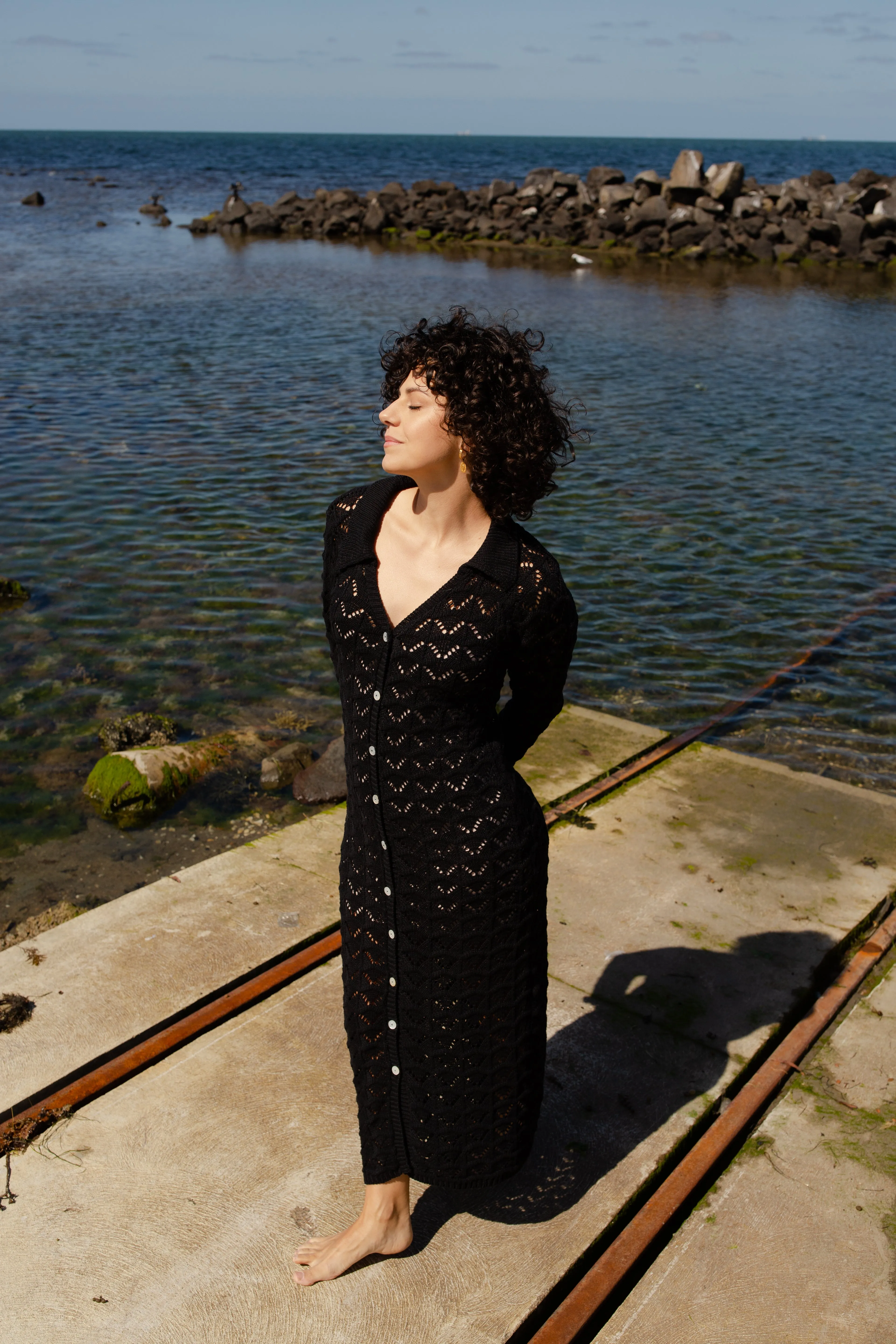CROCHET MAXI SHIRT DRESS - BLACK