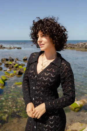 CROCHET MAXI SHIRT DRESS - BLACK