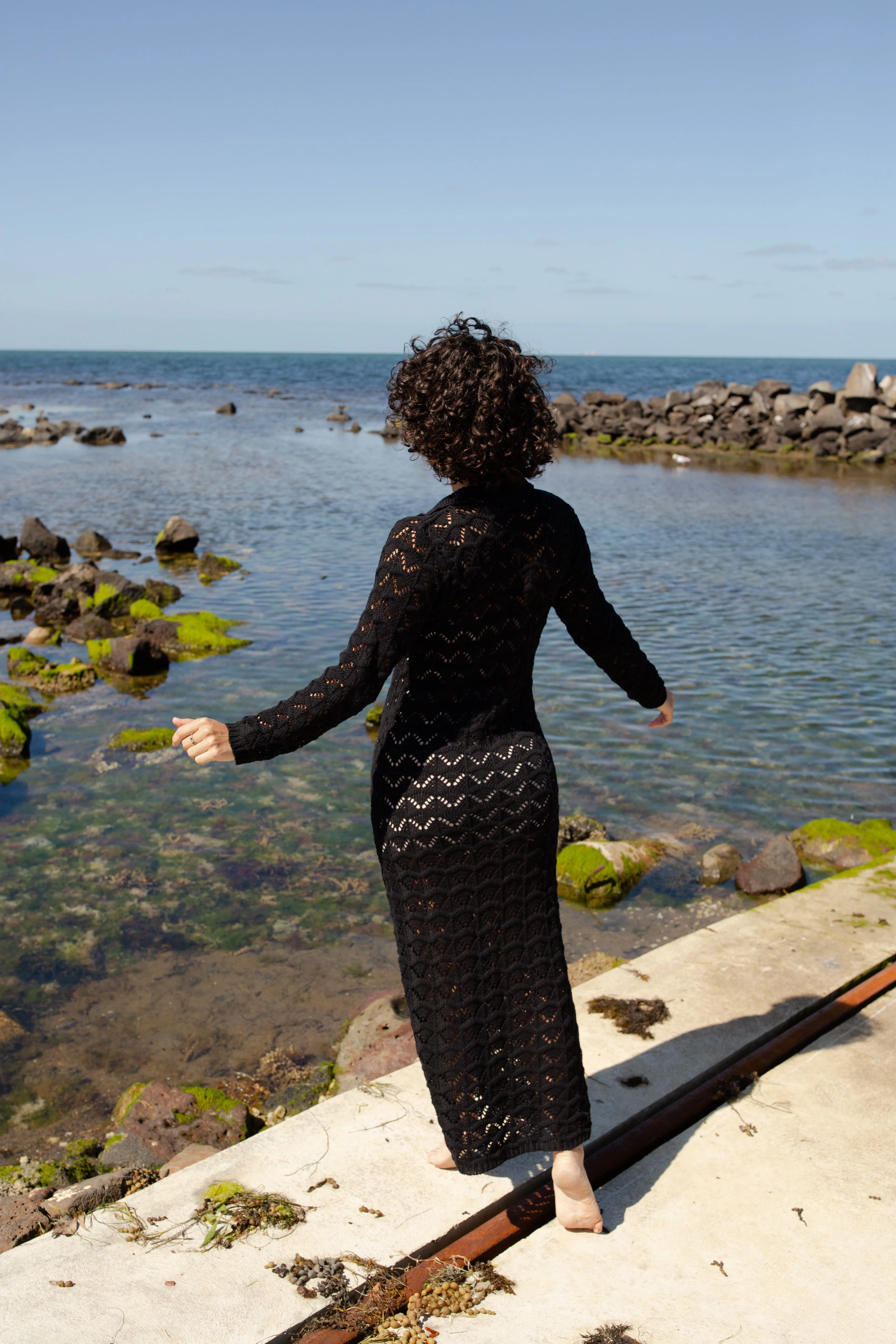 CROCHET MAXI SHIRT DRESS - BLACK