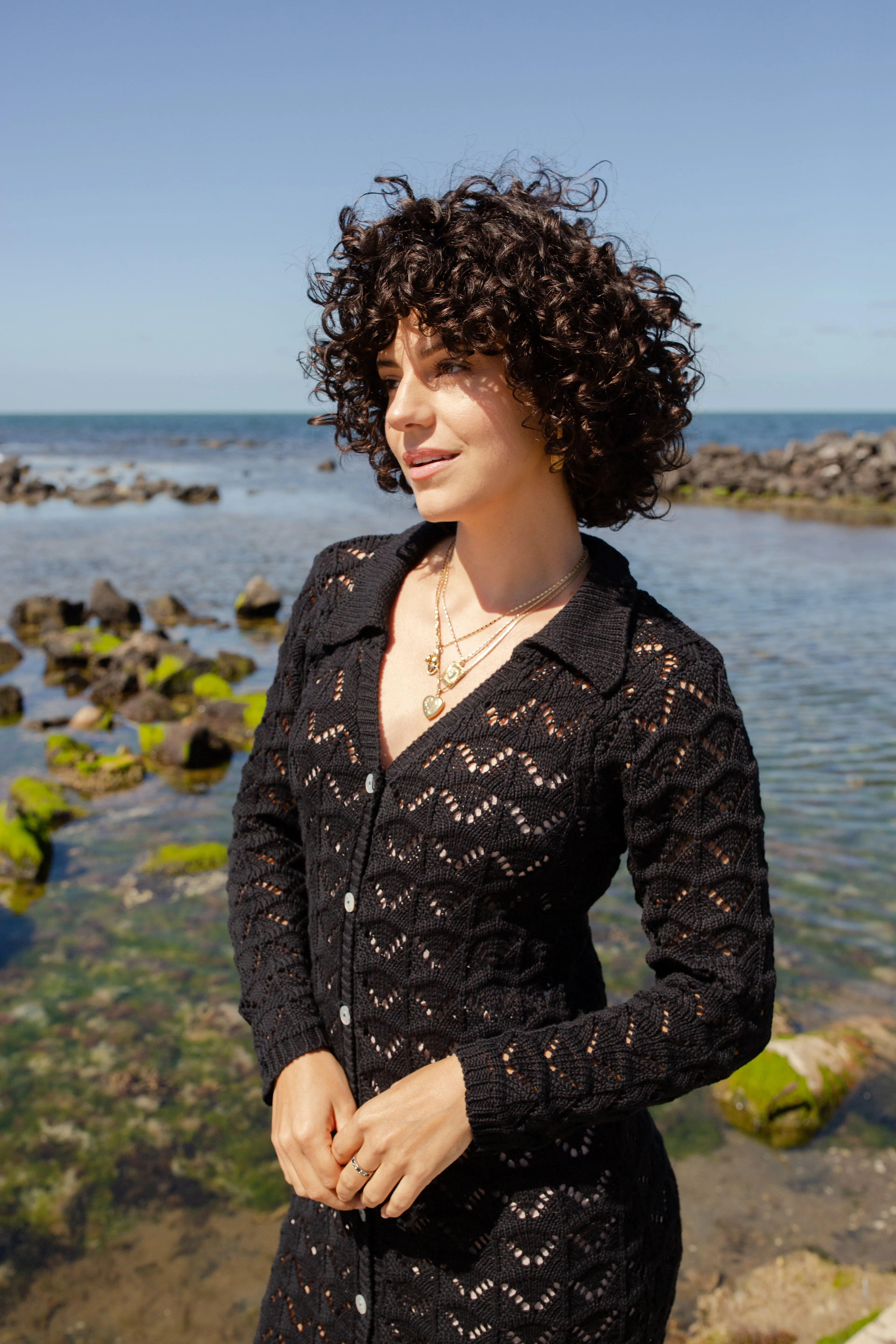 CROCHET MAXI SHIRT DRESS - BLACK