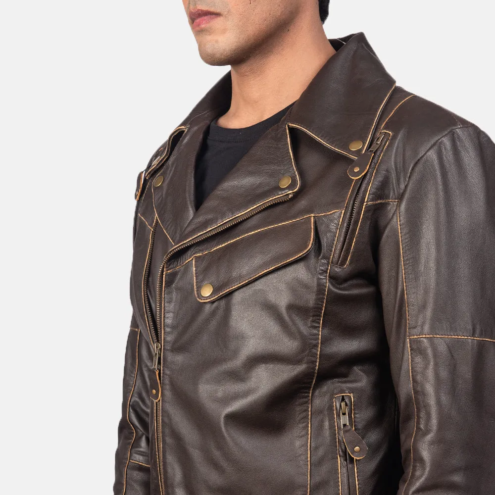 Distressed Brown Leather Biker Jacket