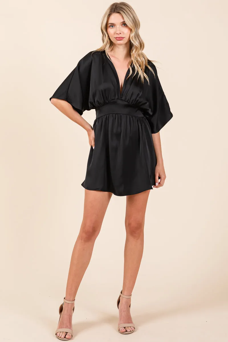 Double Satin V Neck Smocked Kimono Mini Dress