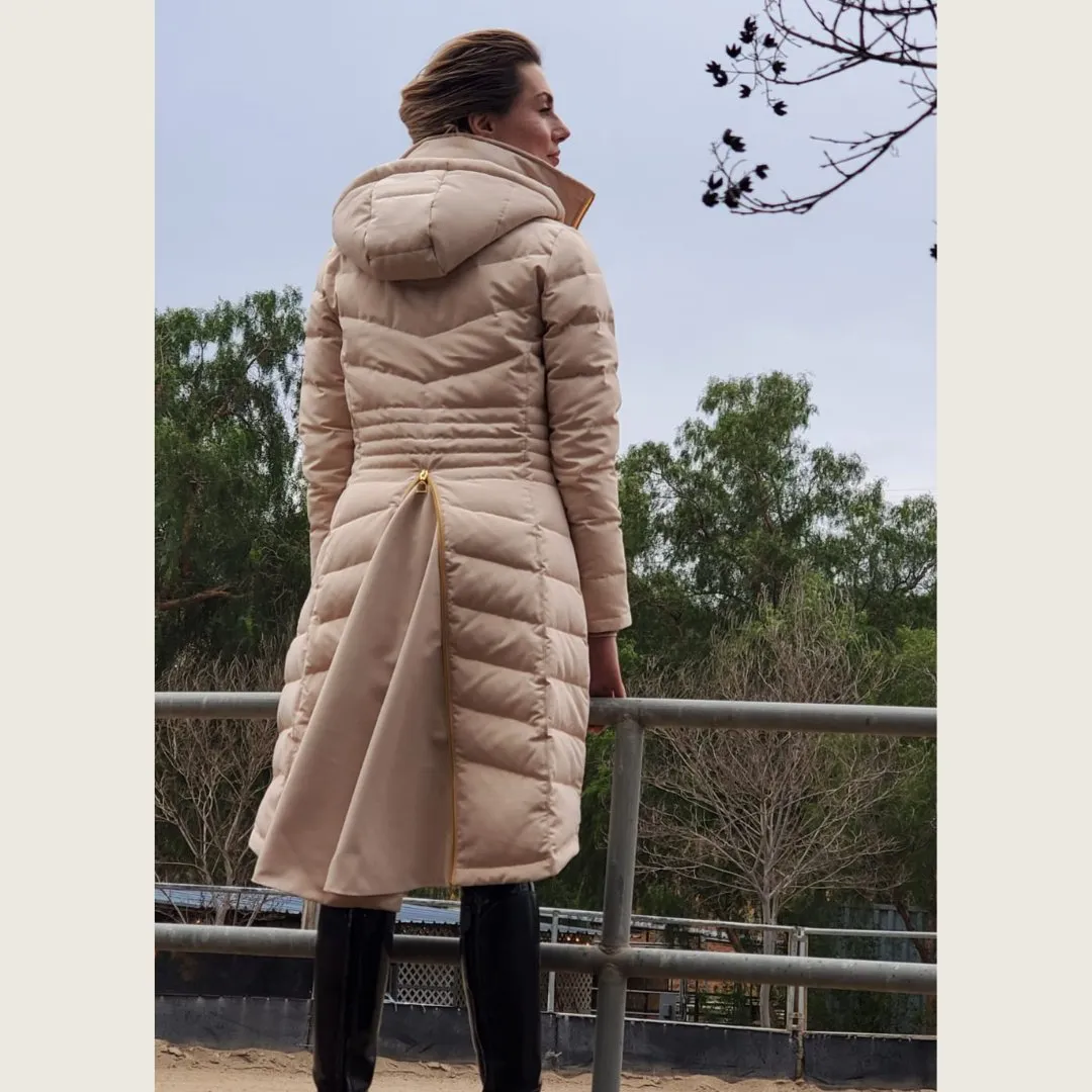 DQD Cream Duck Down Riding Coat with Velvet Collar
