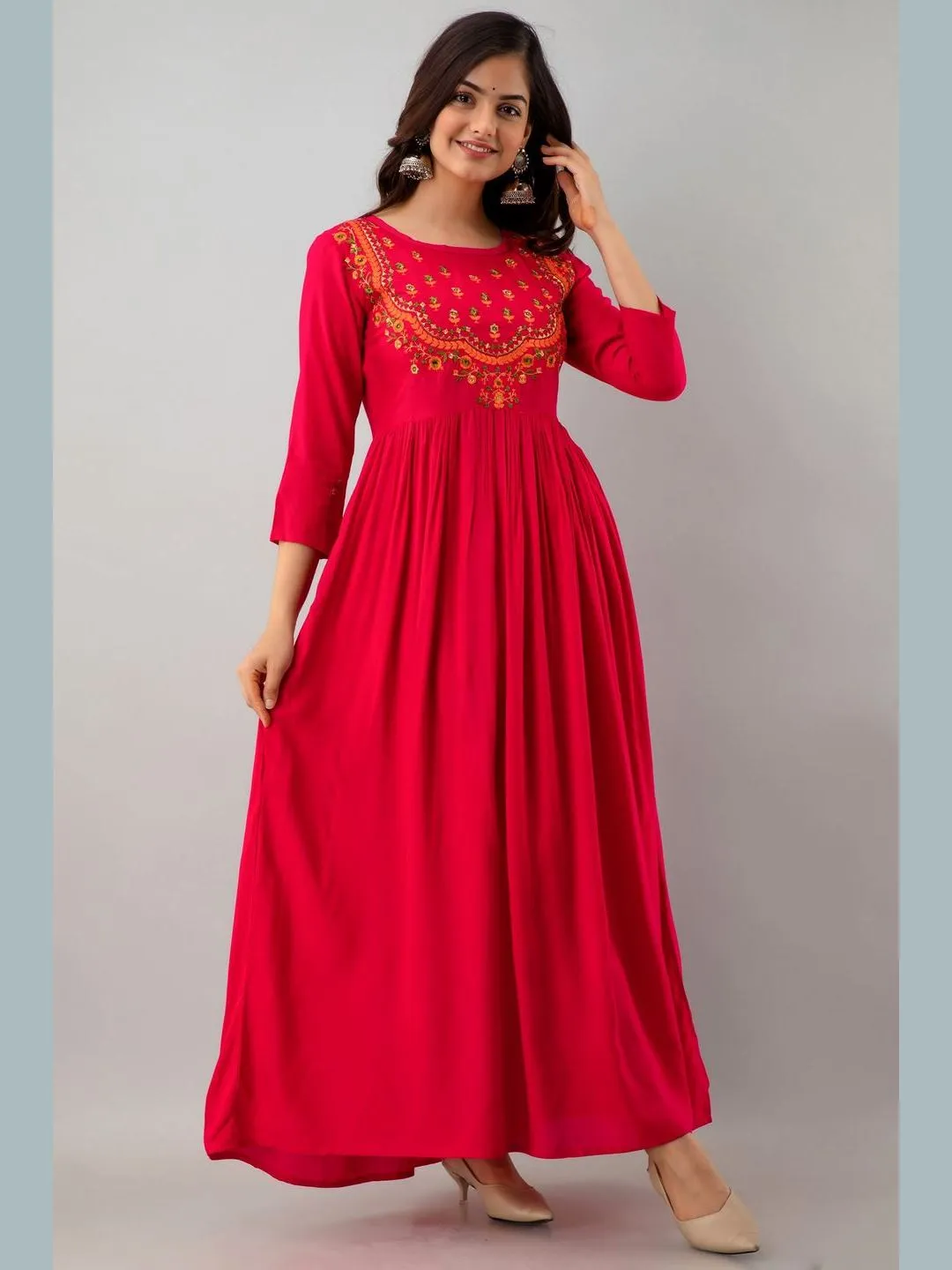DRESS - Embroidered Rayon Round Neck 3/4 Sleeve Flared Ankle Length Kurta Dress