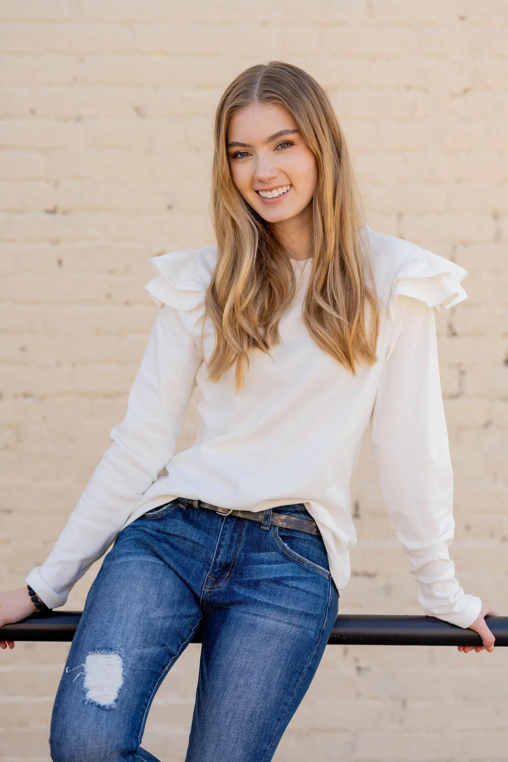 Dual Flutter Shoulder Long Sleeve Tee
