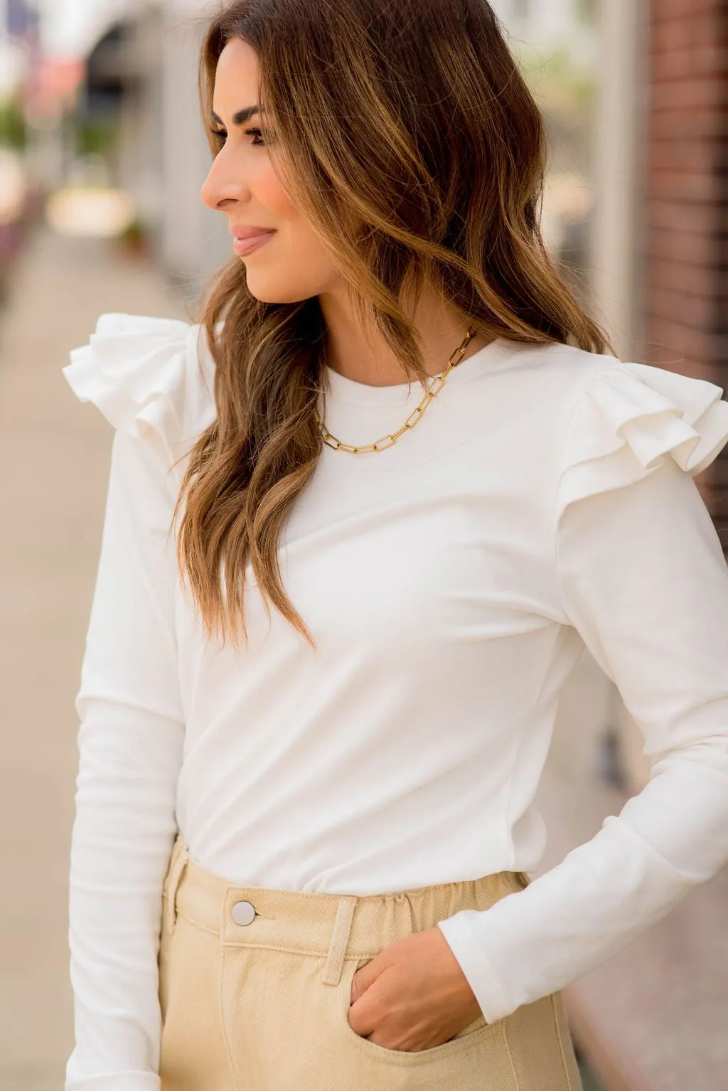 Dual Flutter Shoulder Long Sleeve Tee
