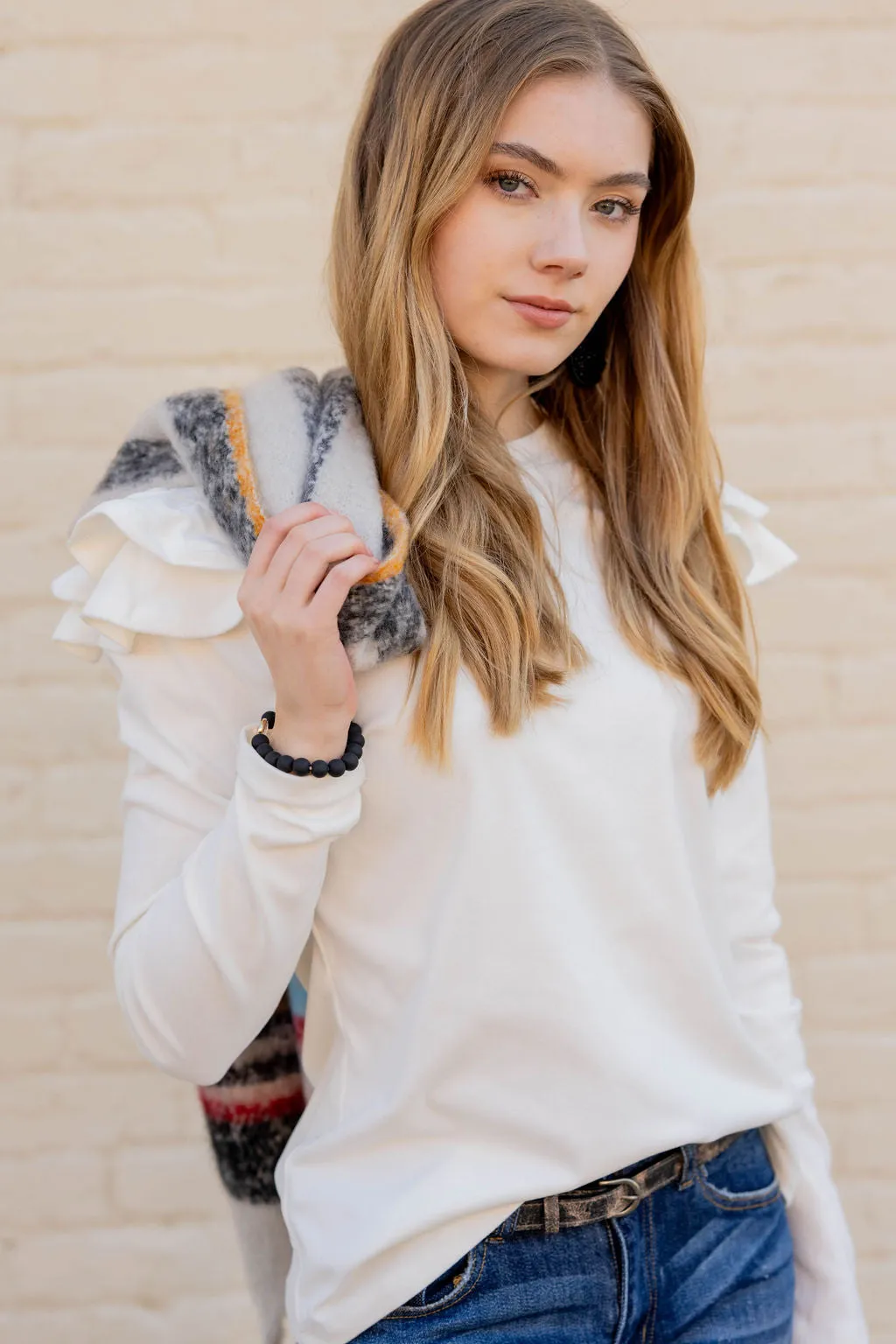 Dual Flutter Shoulder Long Sleeve Tee