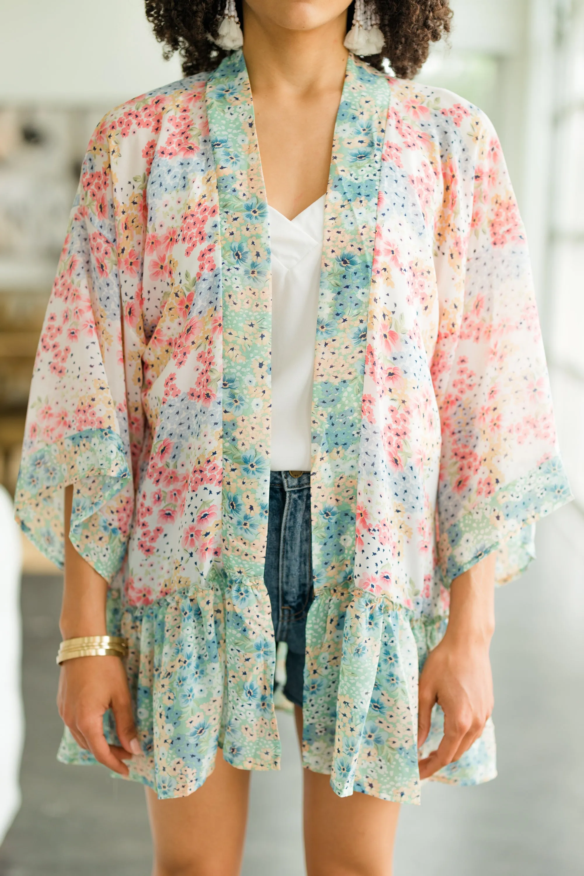 Easy Influence Cream White Ditsy Floral Kimono
