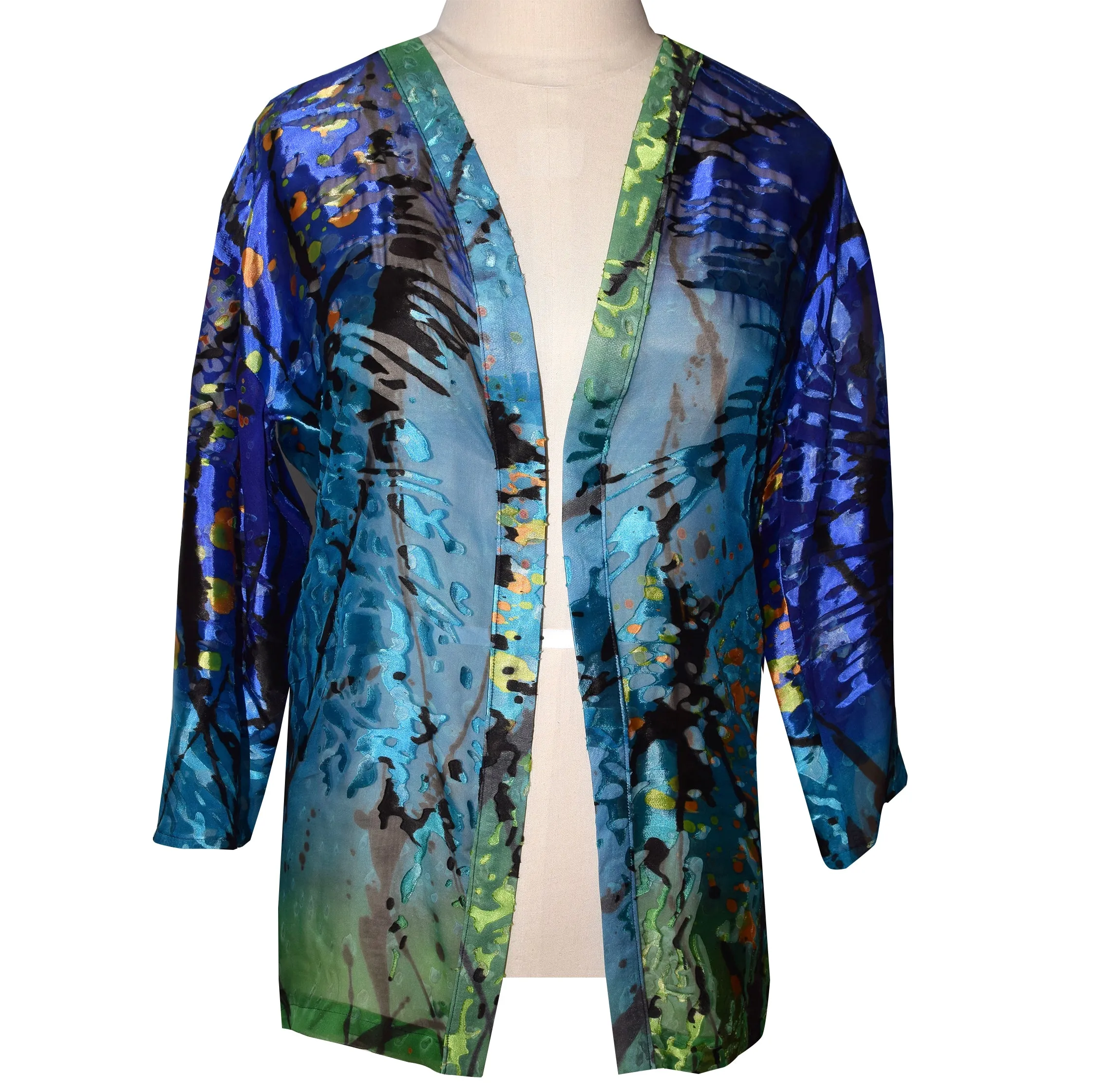 Elegant Blue Green Devore Chiffon Kimono Jacket