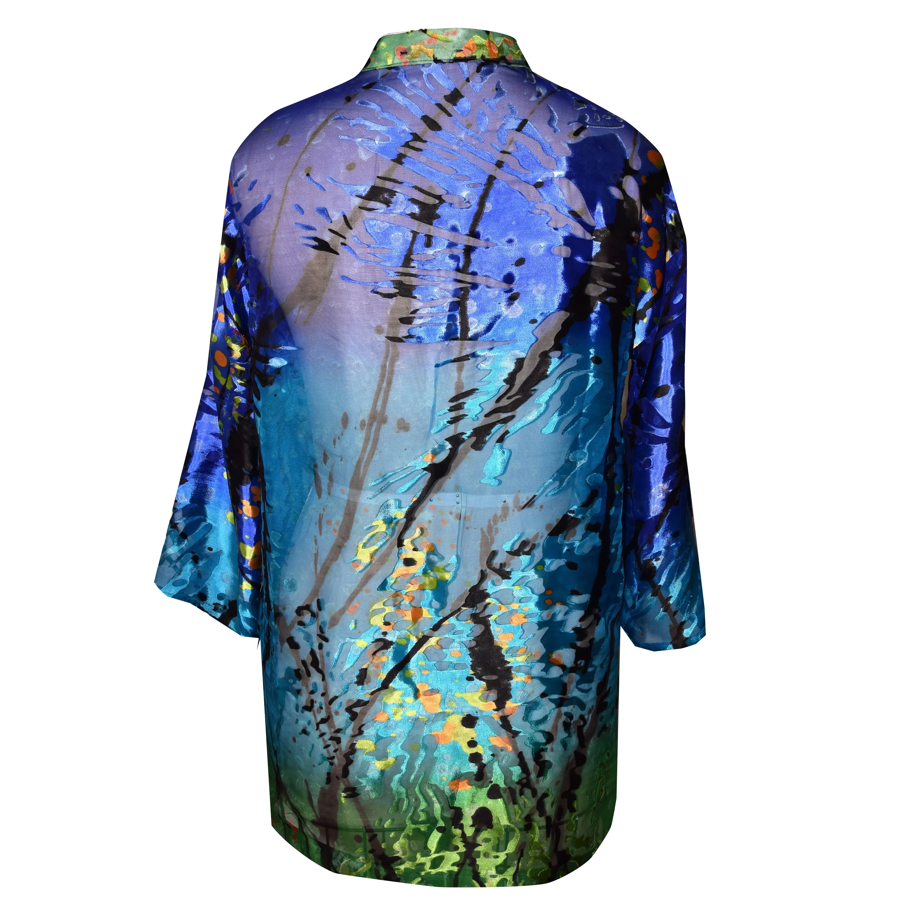 Elegant Blue Green Devore Chiffon Kimono Jacket