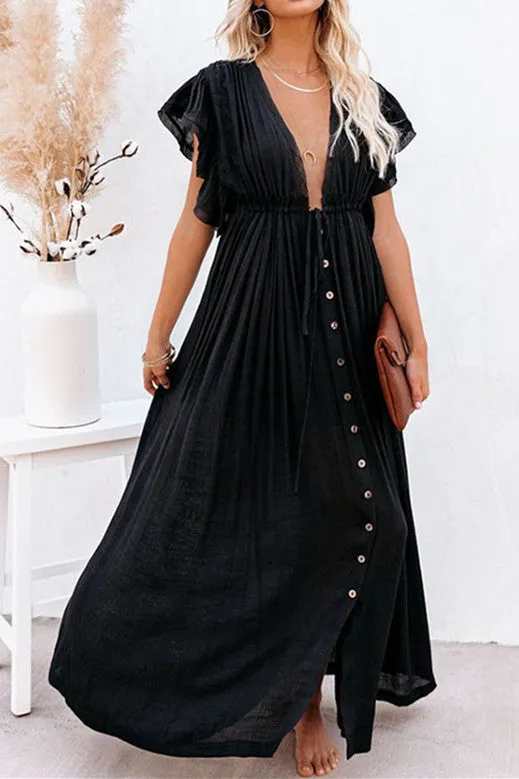 elveswallet Deep V Ruffle Single Breasted Dress