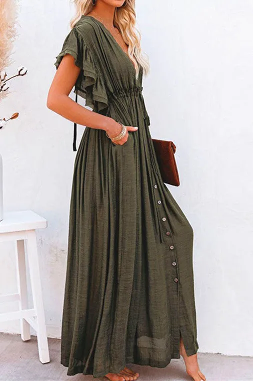 elveswallet Deep V Ruffle Single Breasted Dress