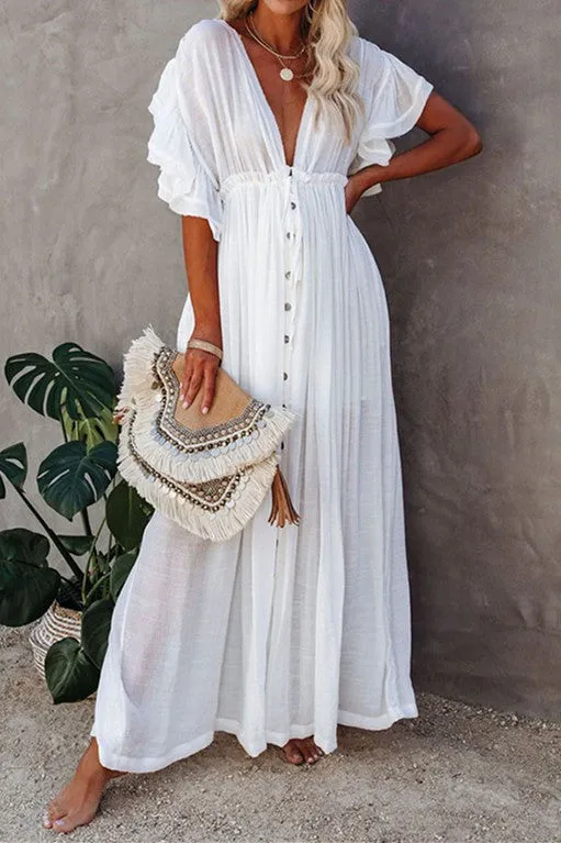 elveswallet Deep V Ruffle Single Breasted Dress