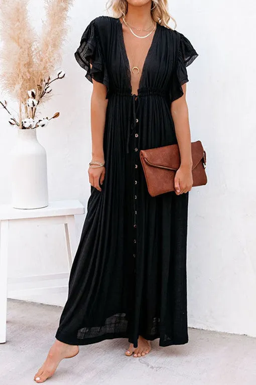 elveswallet Deep V Ruffle Single Breasted Dress