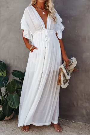 elveswallet Deep V Ruffle Single Breasted Dress