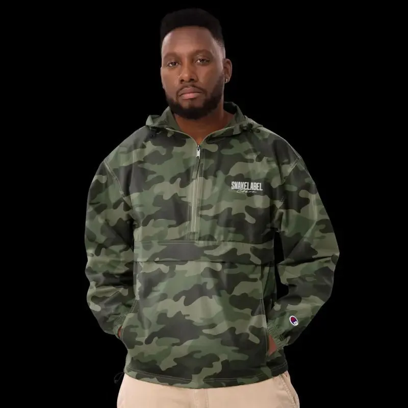 Embroidered Champion Packable Jacket – Wind-Resistant Hooded Outerwear with Snake Design