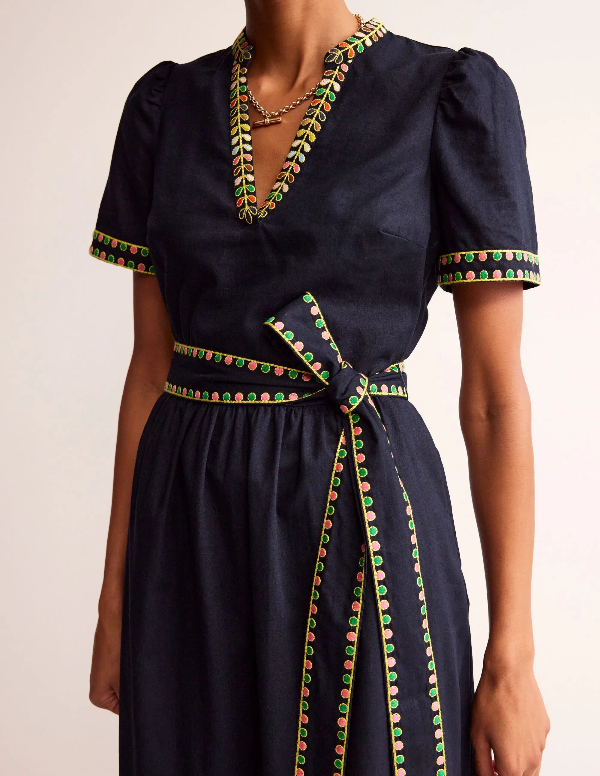 Embroidered Linen Blend Dress-Navy