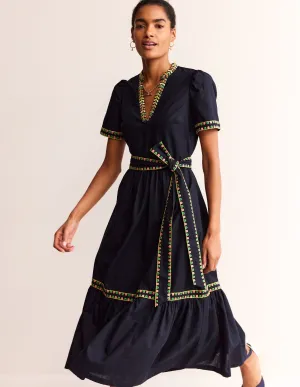 Embroidered Linen Blend Dress-Navy