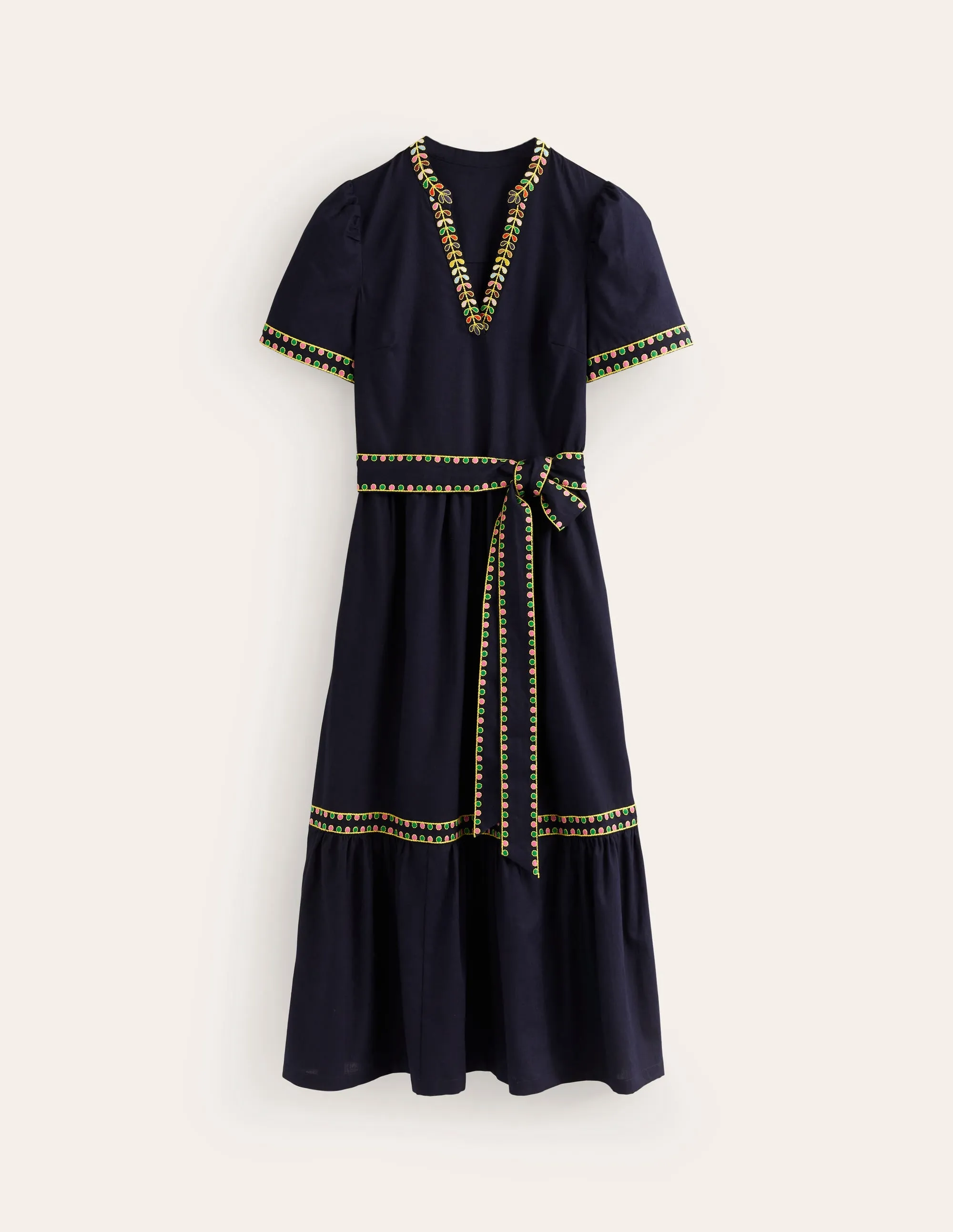 Embroidered Linen Blend Dress-Navy