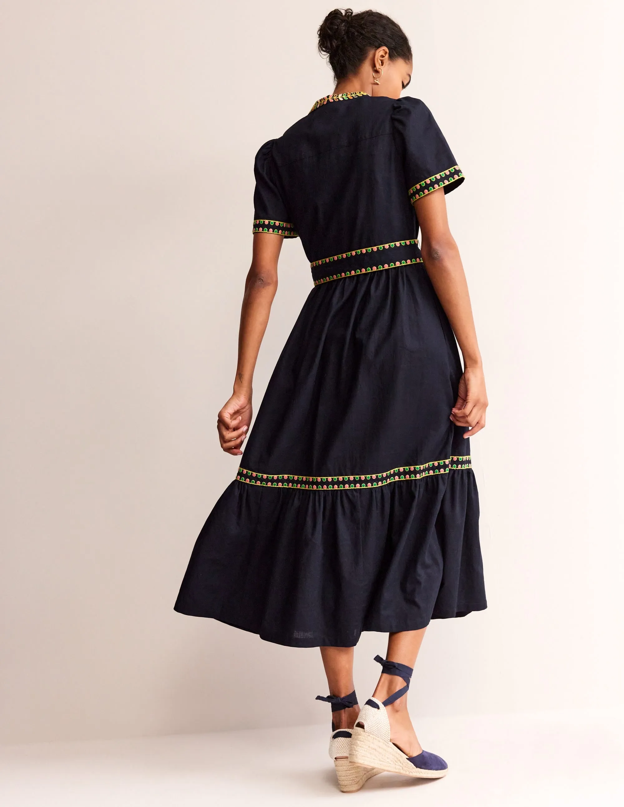 Embroidered Linen Blend Dress-Navy