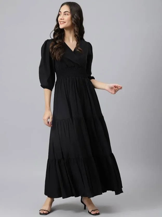 Enigmatic Ebony Dream V Neck Black Maxi Dress