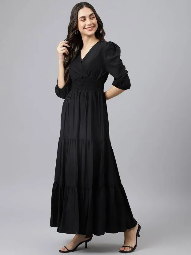 Enigmatic Ebony Dream V Neck Black Maxi Dress