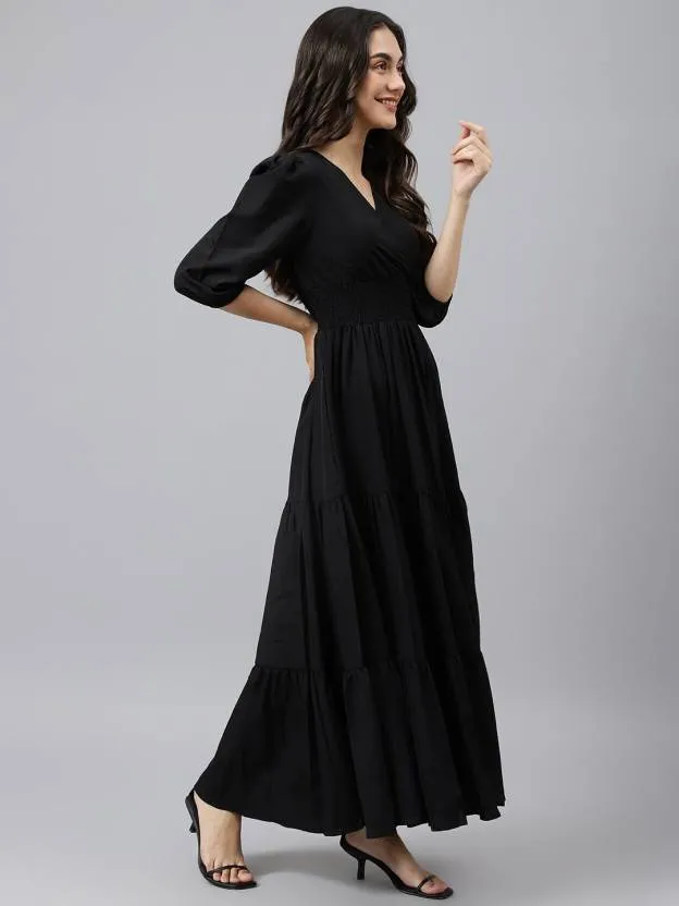 Enigmatic Ebony Dream V Neck Black Maxi Dress