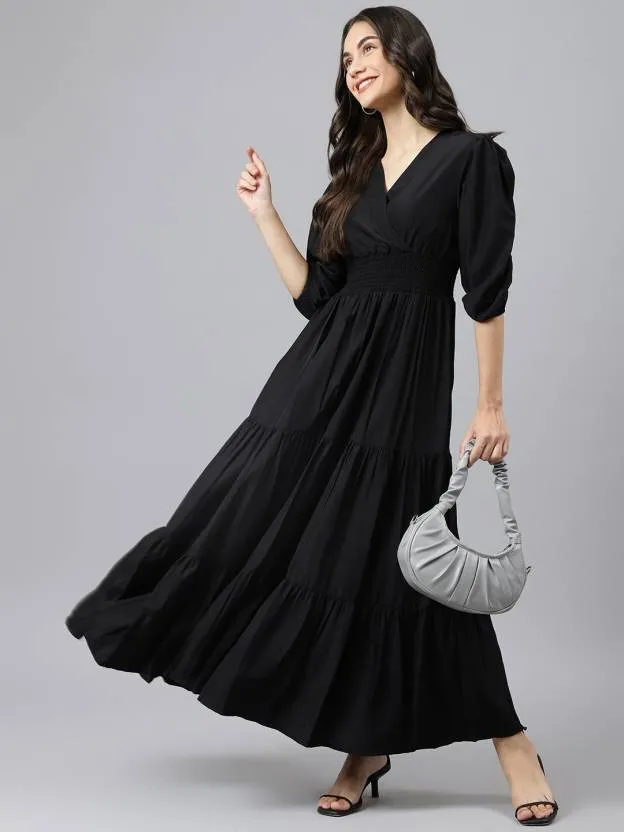 Enigmatic Ebony Dream V Neck Black Maxi Dress