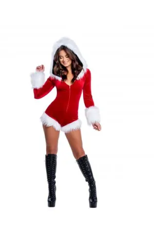 Faux Fur Trimmed Hooded Romper - Red/White -