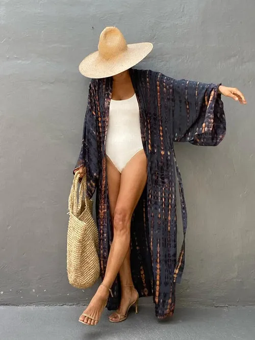 Fitshinling Tie Dye Cotton Beach Kimono Swimwear Bohemian Oversized