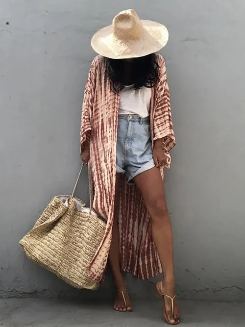 Fitshinling Tie Dye Cotton Beach Kimono Swimwear Bohemian Oversized
