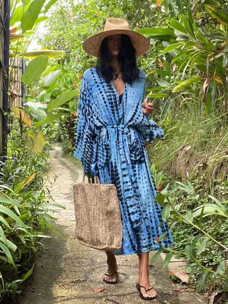 Fitshinling Tie Dye Cotton Beach Kimono Swimwear Bohemian Oversized