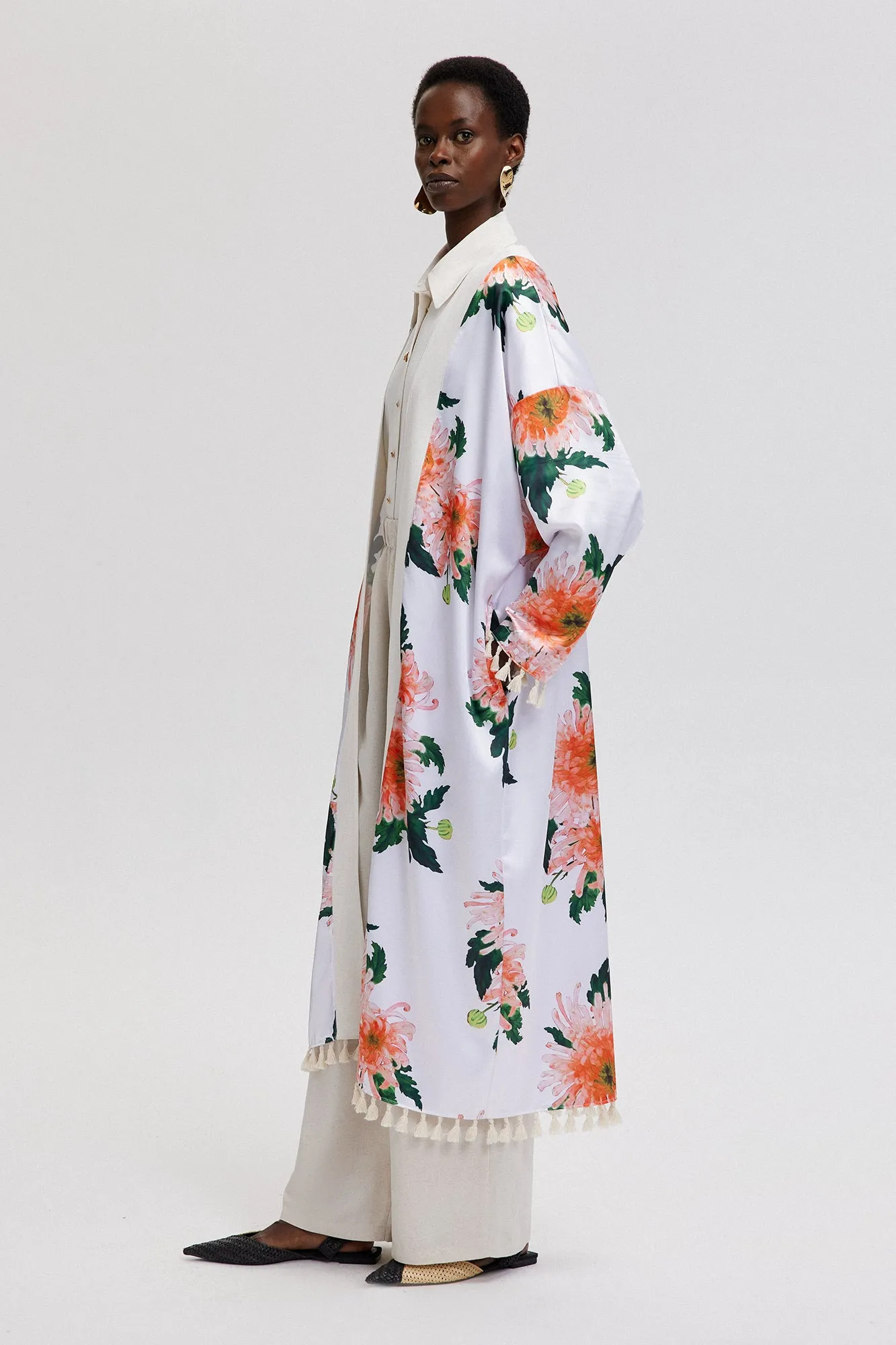 FLORAL PATTERNED FRINGE DETAILED KIMONO