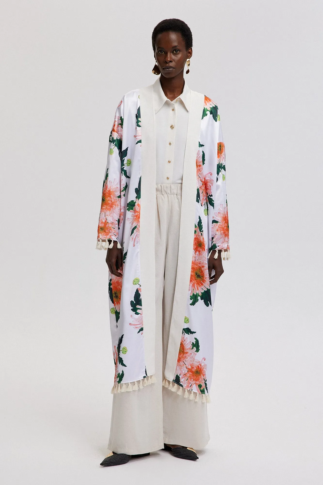 FLORAL PATTERNED FRINGE DETAILED KIMONO