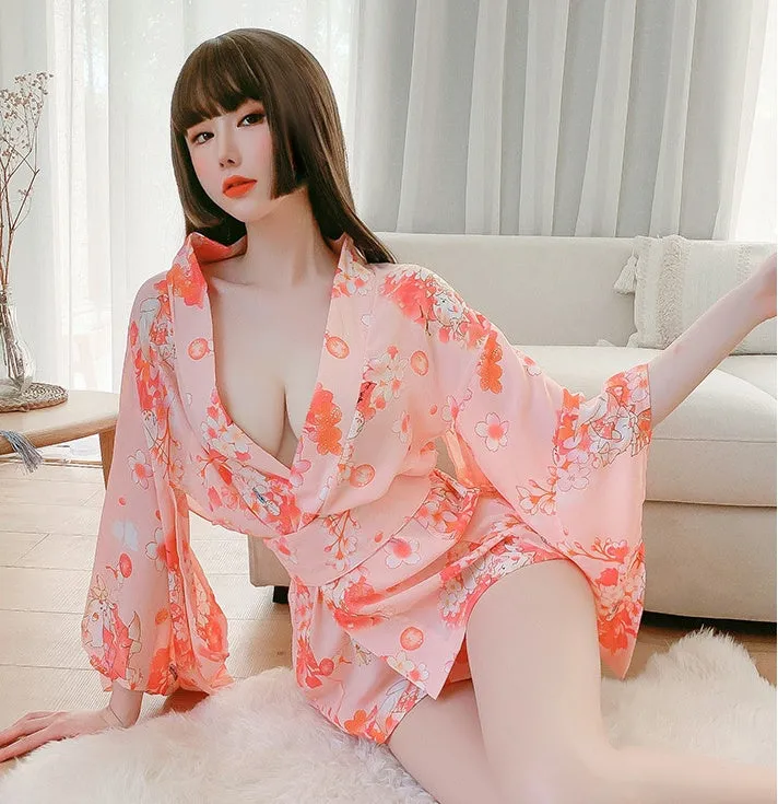 Floral Peach Kimono Lingerie Robe - Women's Sexy Sleepwear