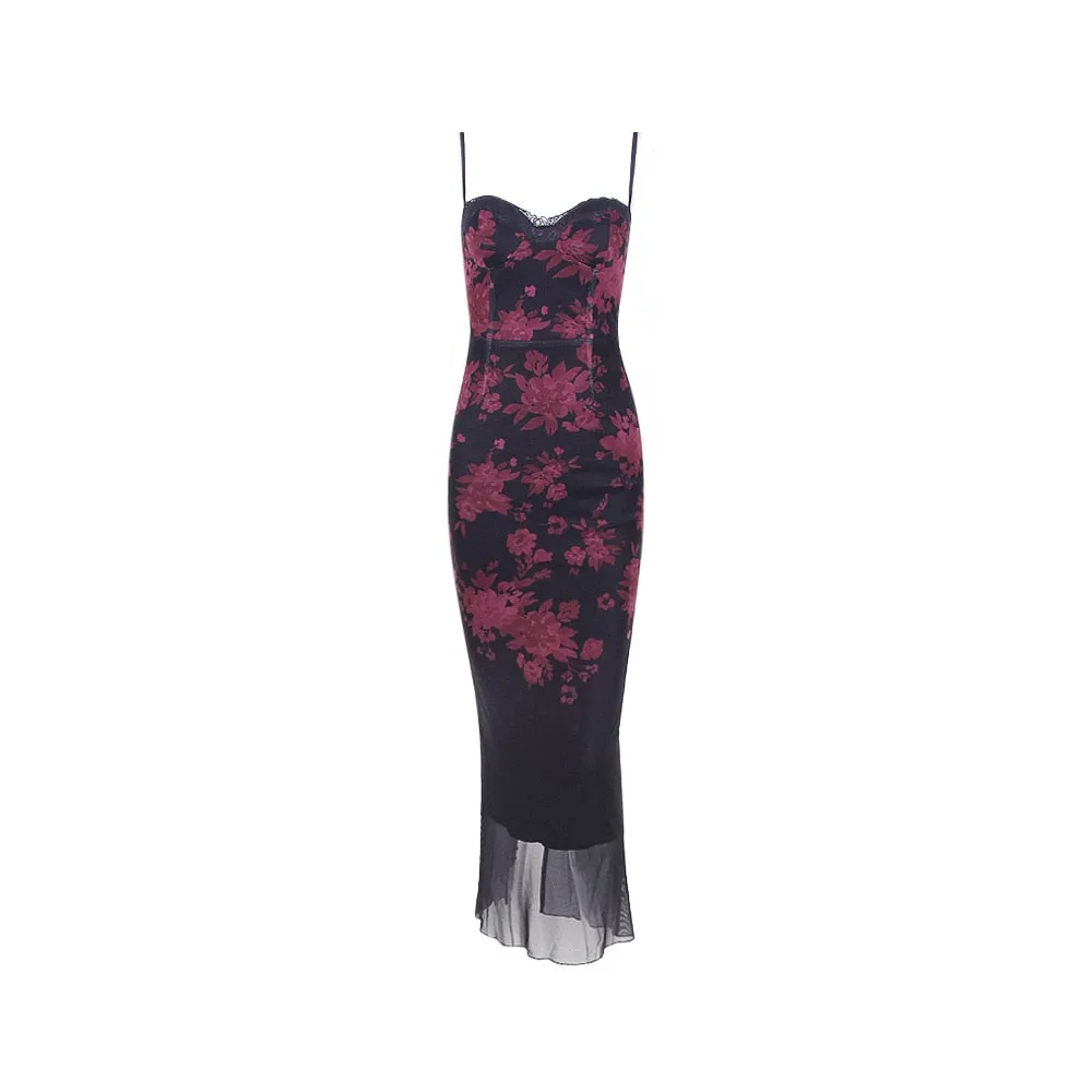 Floral Print Double-Layered Mesh Maxi Dress