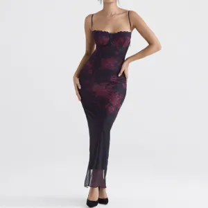 Floral Print Double-Layered Mesh Maxi Dress